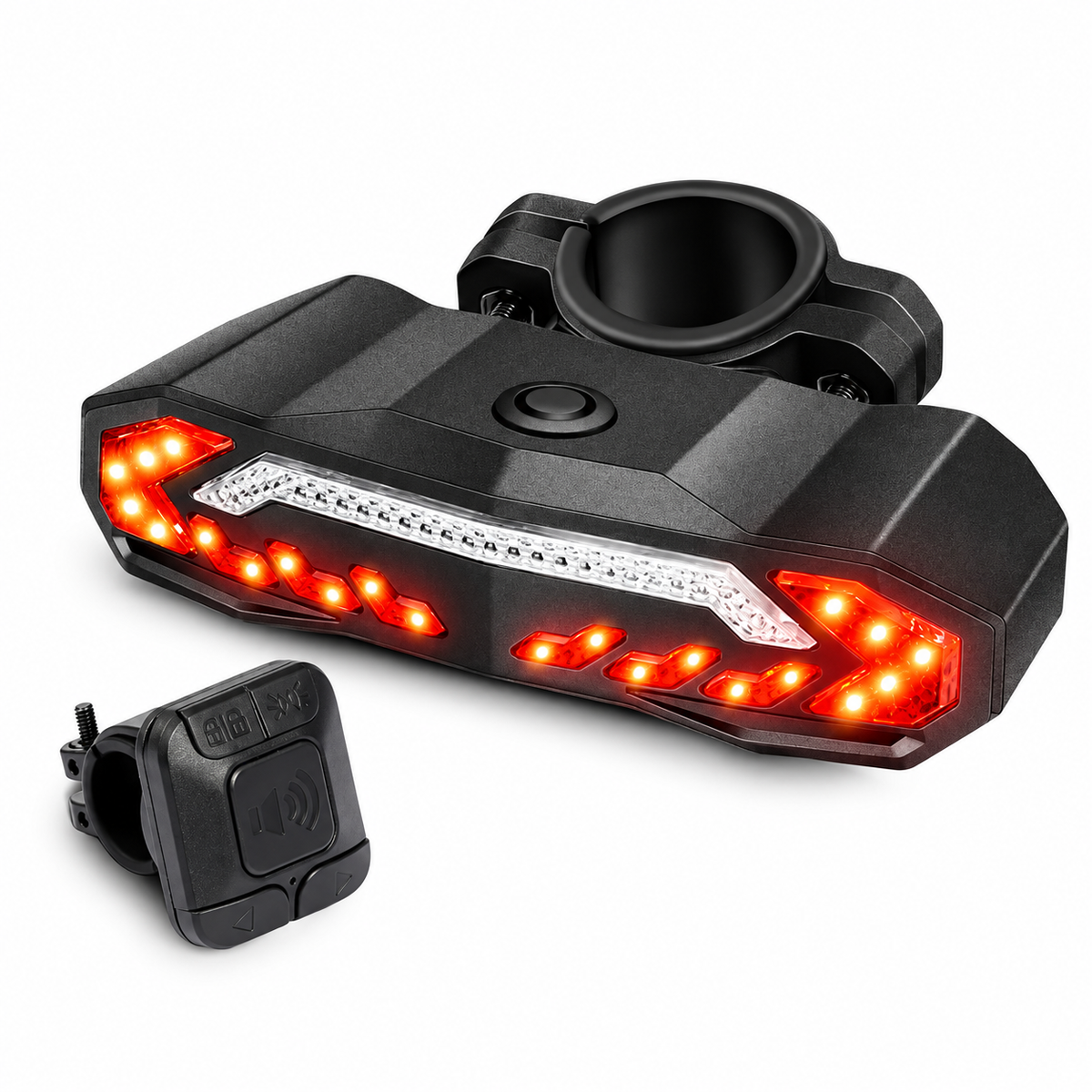 AI-enhanced HD studio image of the smart bike tail light and wireless remote on a white background